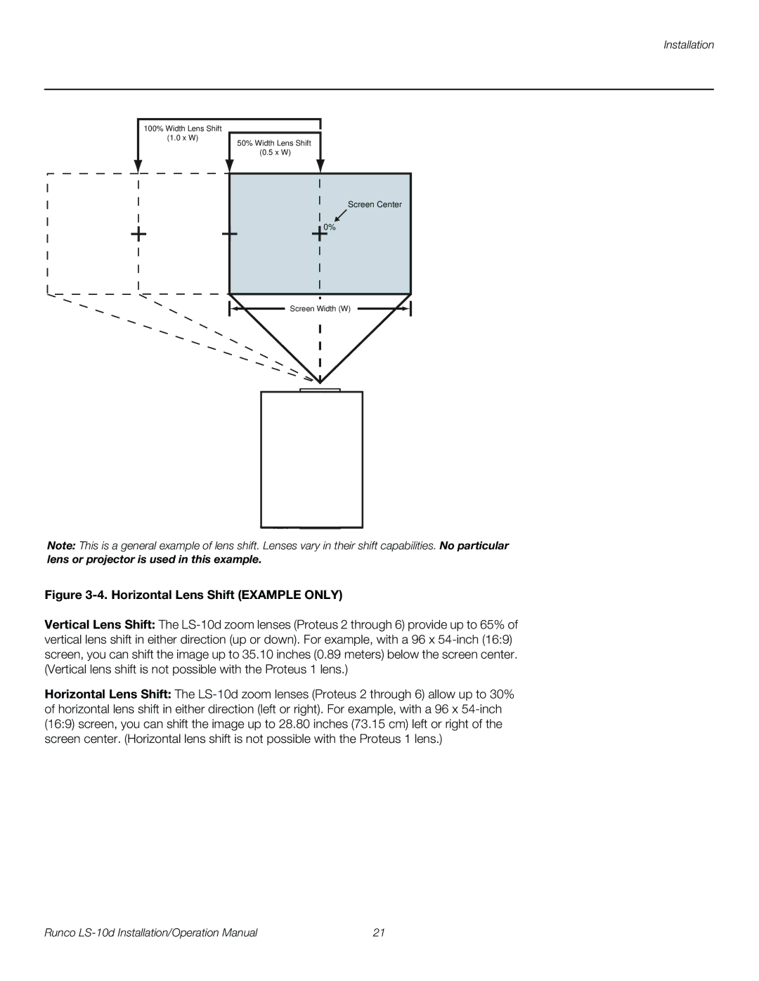 Runco LS-10D operation manual Horizontal Lens Shift Example only 