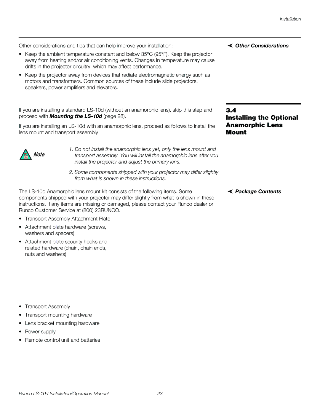 Runco LS-10D operation manual Installing the Optional Anamorphic Lens Mount, Other Considerations, Package Contents 