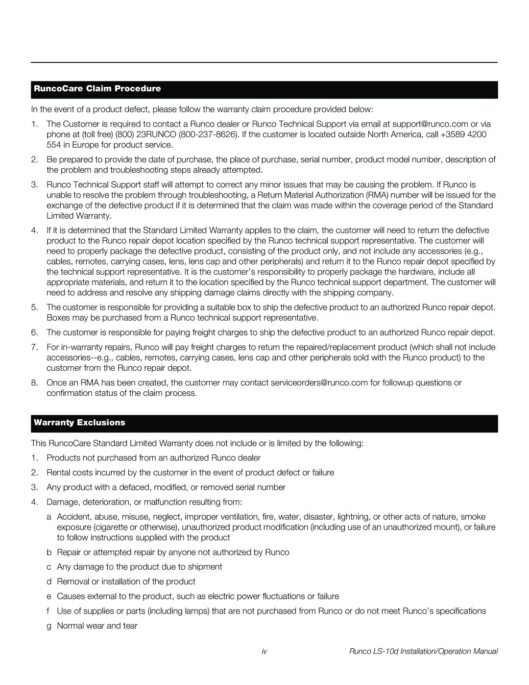 Runco LS-10D operation manual RuncoCare Claim Procedure 