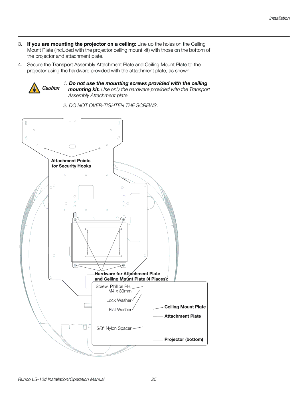 Runco LS-10D operation manual Assembly Attachment plate, Ceiling Mount Plate Attachment Plate Projector bottom 