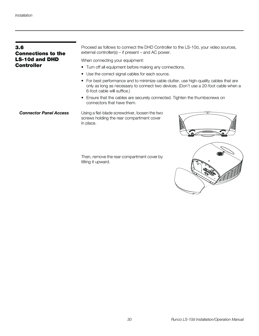 Runco LS-10D operation manual Connections to, LS-10d and DHD, Controller, Connector Panel Access 