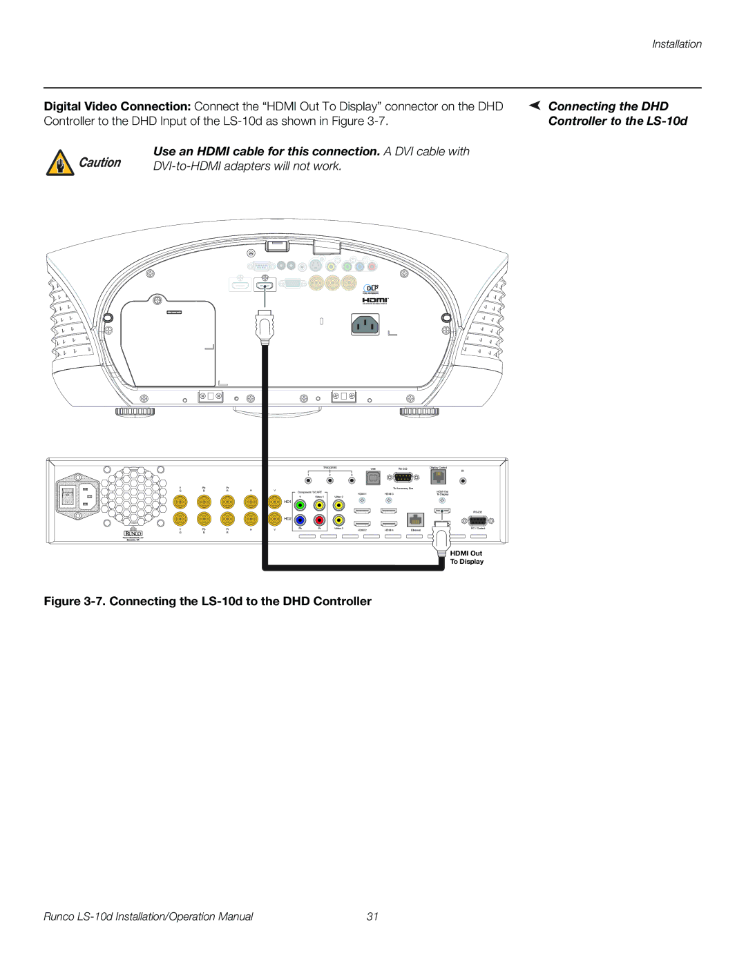 Runco LS-10D Connecting the DHD, Controller to the LS-10d, Use an Hdmi cable for this connection. a DVI cable with 