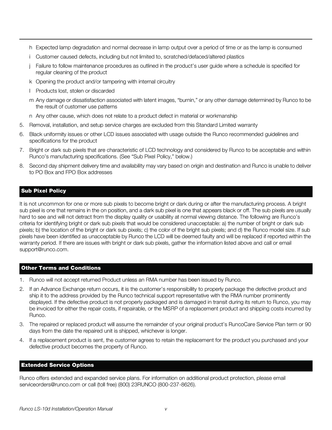 Runco LS-10D operation manual Extended Service Options 