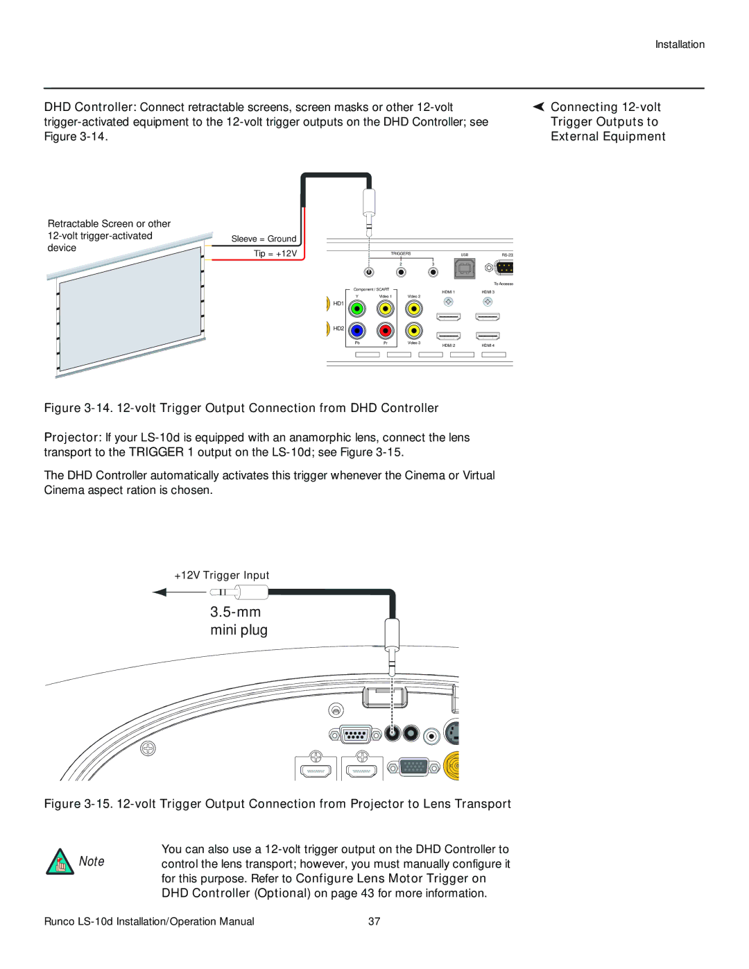 Runco LS-10D operation manual Connecting 12-volt Trigger Outputs to External Equipment, +12V Trigger Input 