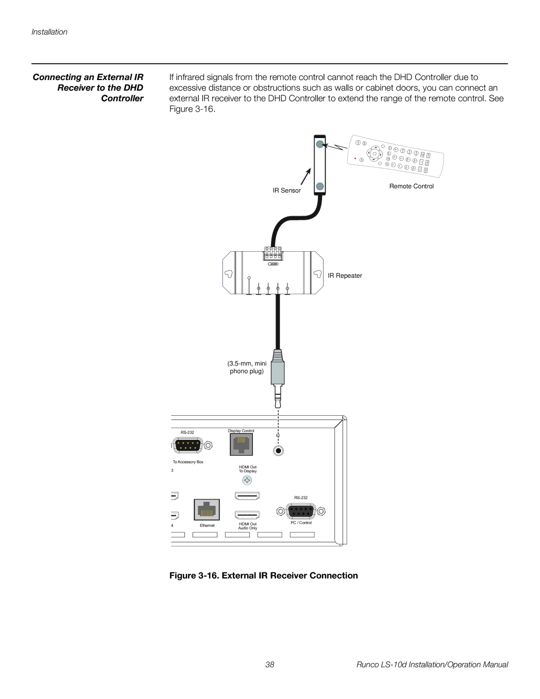 Runco LS-10D operation manual Connecting an External IR, Receiver to the DHD 