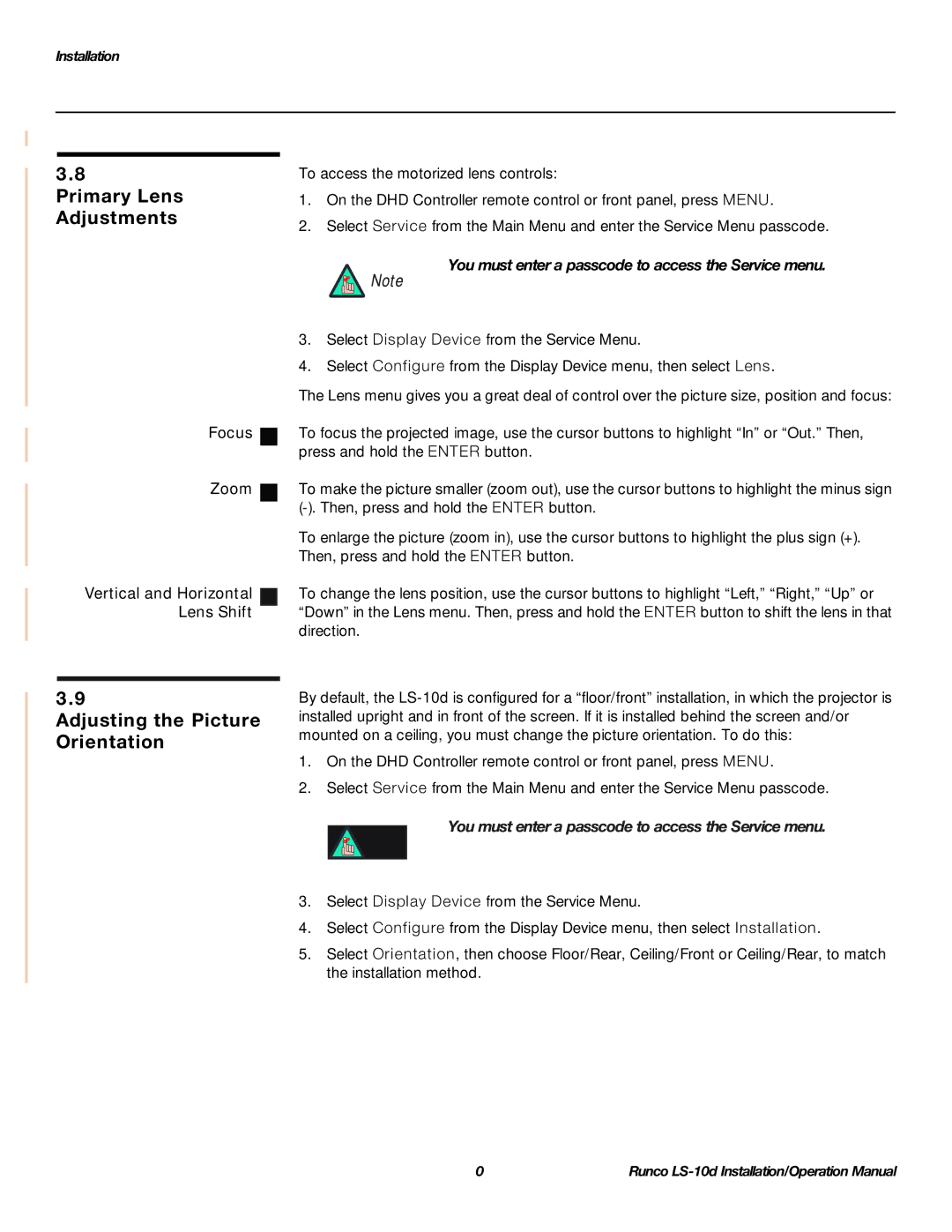 Runco LS-10D Primary Lens Adjustments, Adjusting the Picture Orientation, Focus Zoom Vertical and Horizontal Lens Shift 