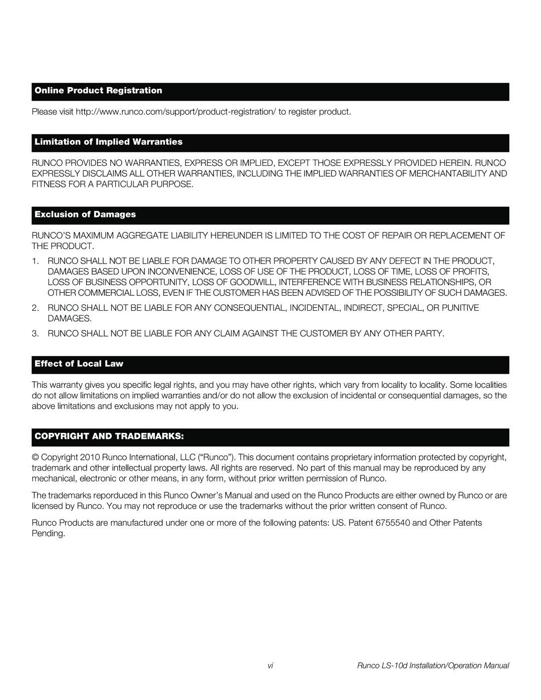 Runco LS-10D operation manual Copyright and Trademarks 