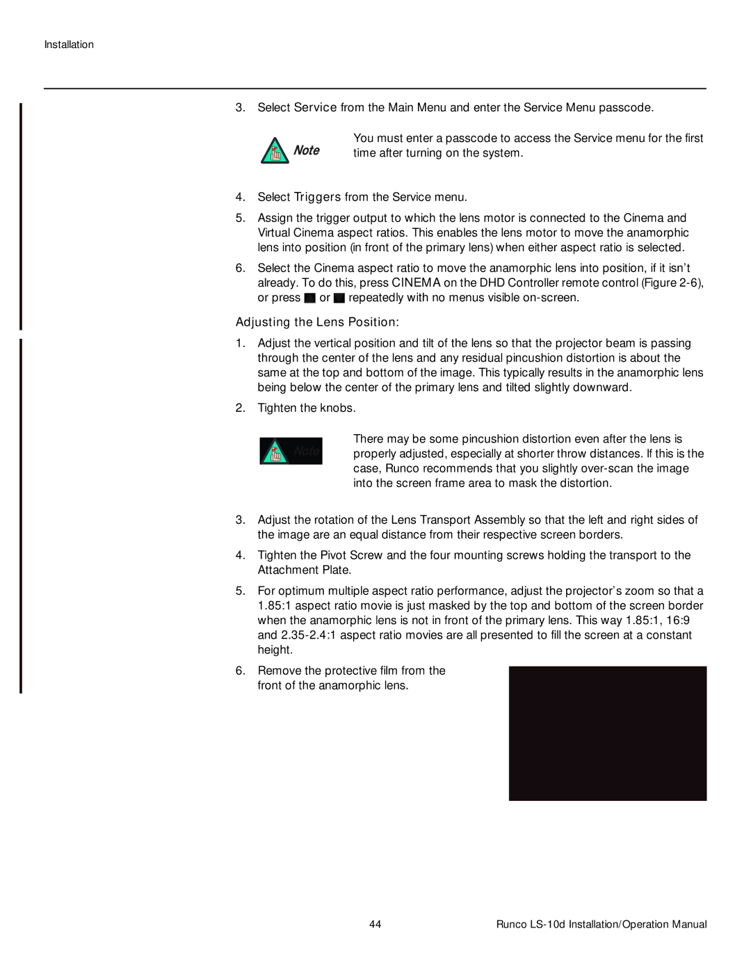 Runco LS-10D operation manual Time after turning on the system, Adjusting the Lens Position 