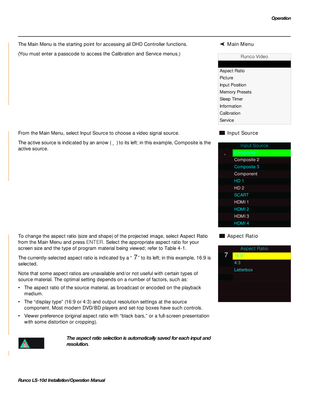 Runco LS-10D operation manual Main Menu, Input Source, Aspect Ratio 