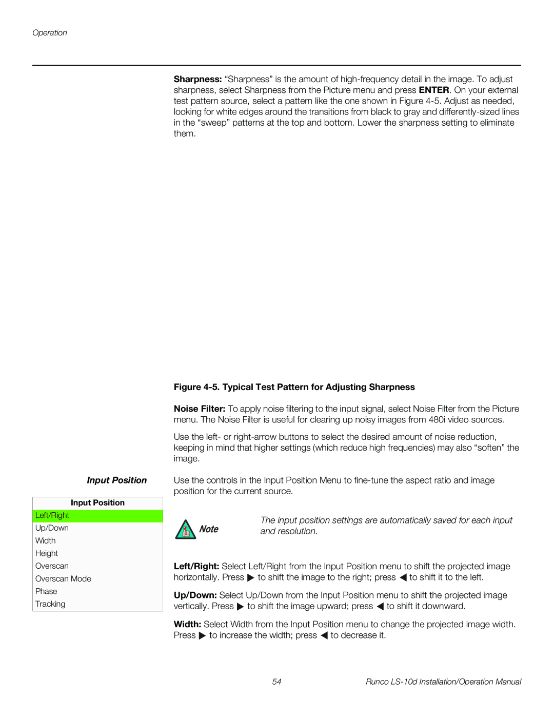 Runco LS-10D operation manual Input Position, Resolution 