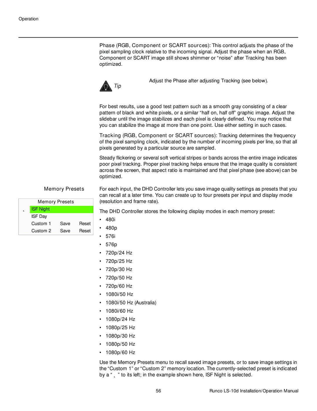 Runco LS-10D operation manual Memory Presets, Adjust the Phase after adjusting Tracking see below 