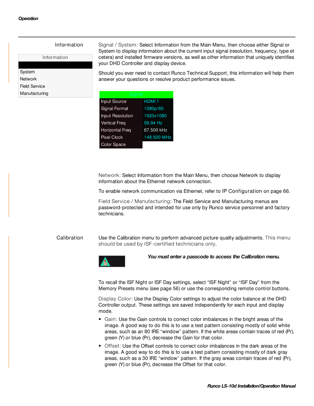 Runco LS-10D operation manual Information, Calibration, Should be used by ISF-certified technicians only 