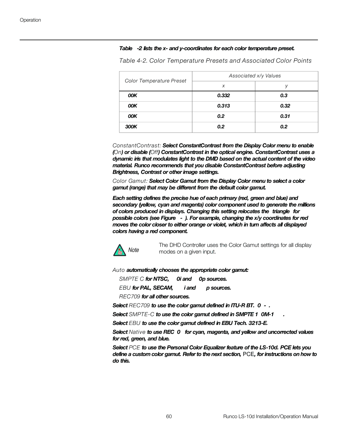 Runco LS-10D operation manual Color Temperature Presets and Associated Color Points, Modes on a given input 