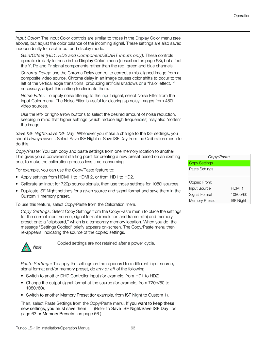 Runco LS-10D operation manual Copied settings are not retained after a power cycle, Copy/Paste 