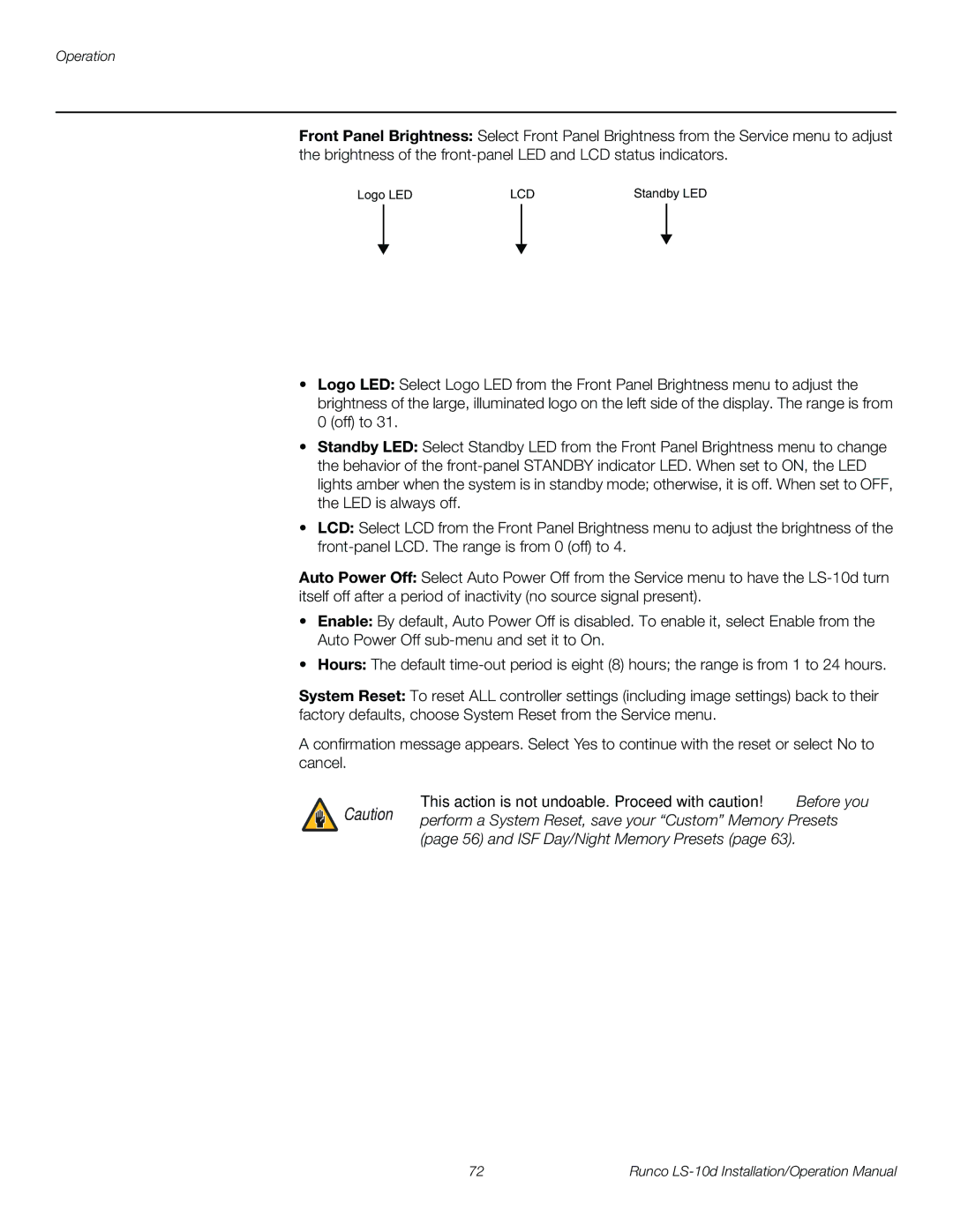 Runco LS-10D operation manual and ISF Day/Night Memory Presets 