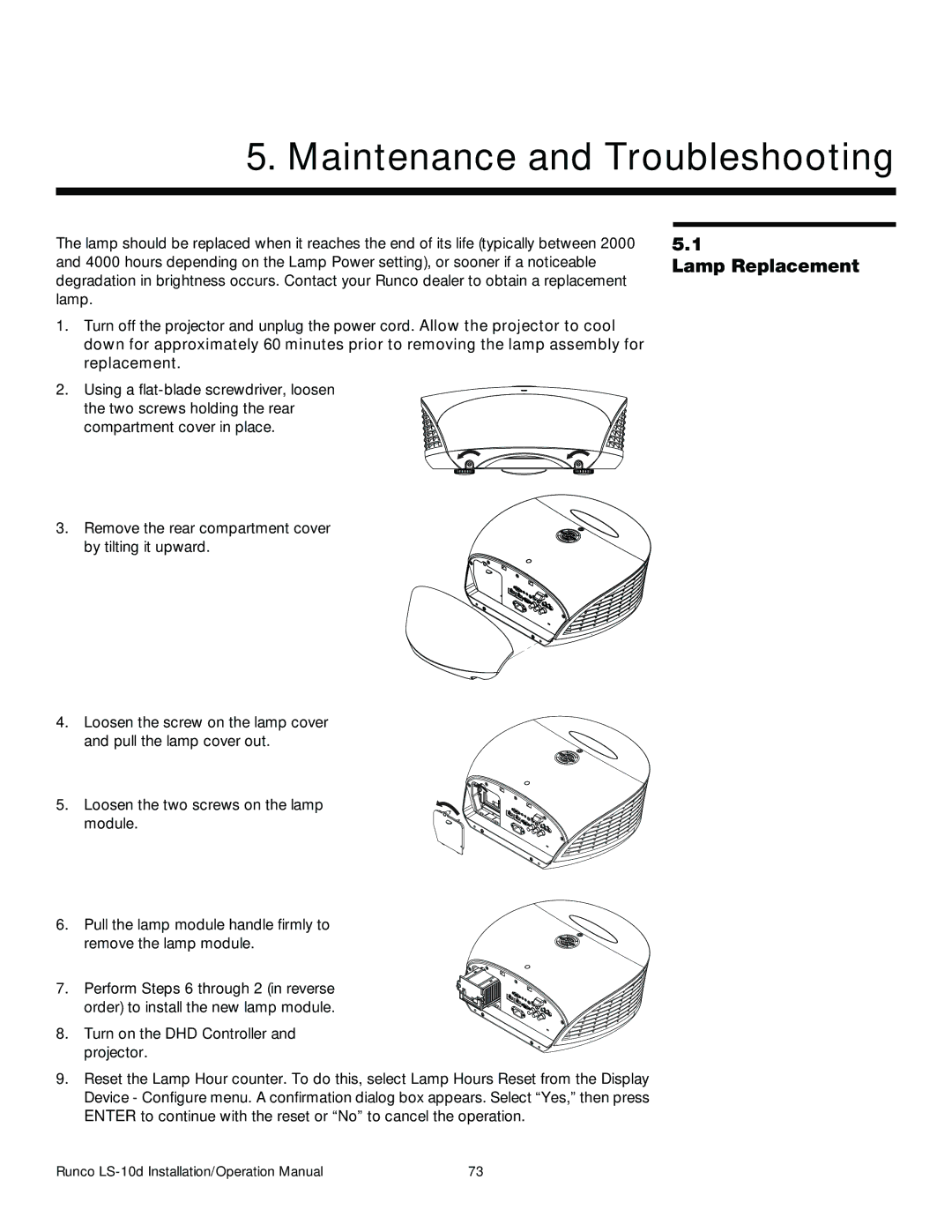 Runco LS-10D operation manual Maintenance and Troubleshooting, Lamp Replacement 