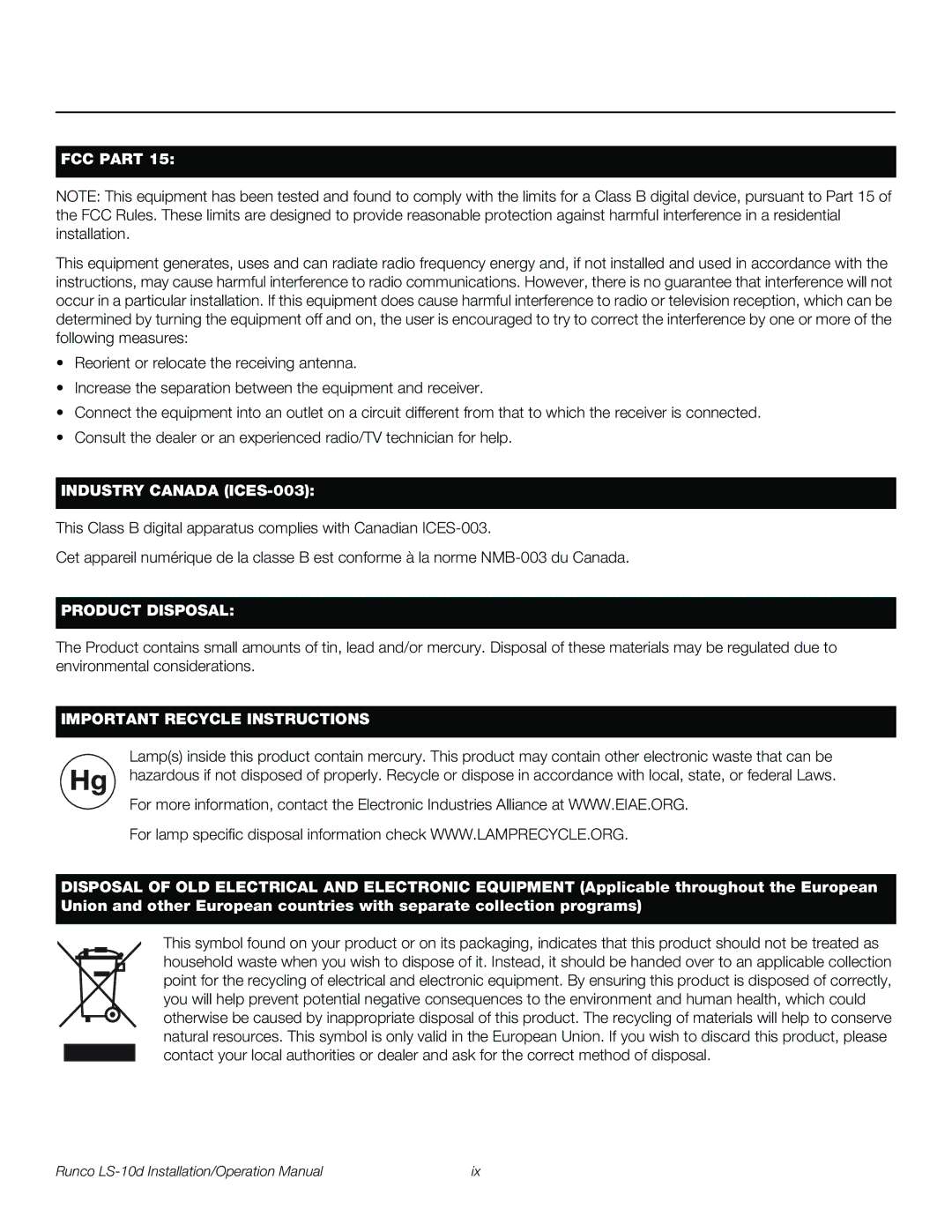 Runco LS-10D operation manual FCC Part 