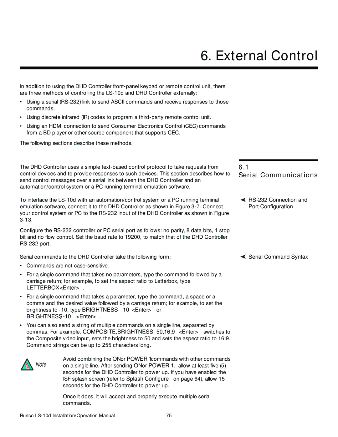 Runco LS-10D External Control, Serial Communications, RS-232 Connection, Port Configuration, Serial Command Syntax 