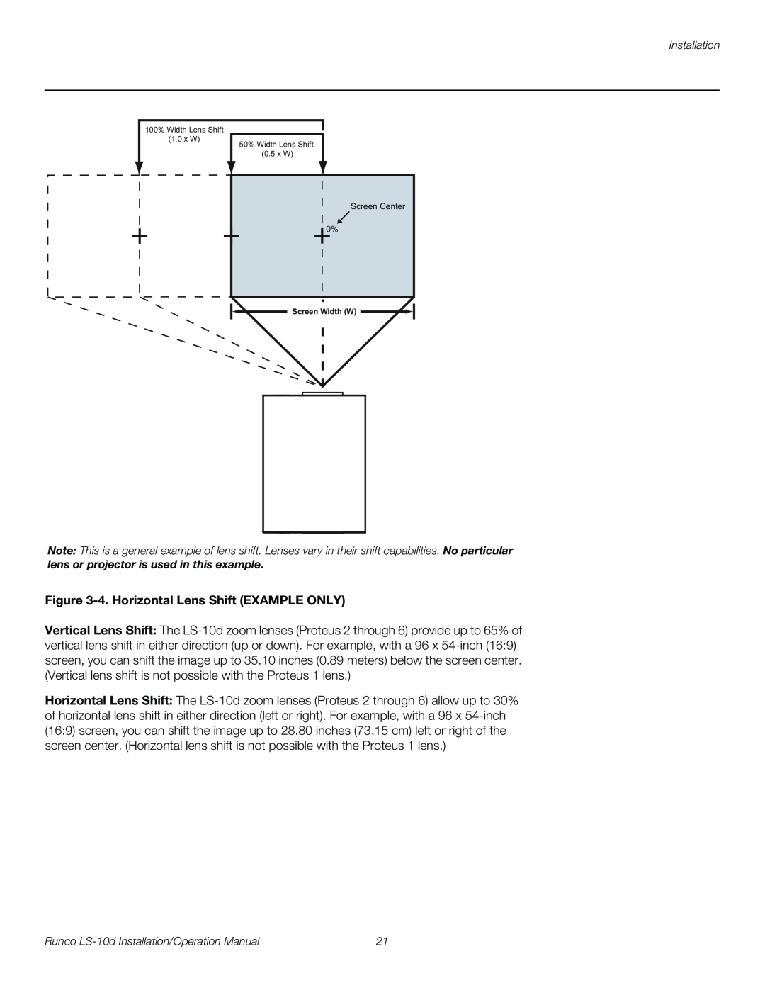 Runco LS-10D operation manual 4. Horizontal Lens Shift EXAMPLE ONLY, Screen Center 0% 