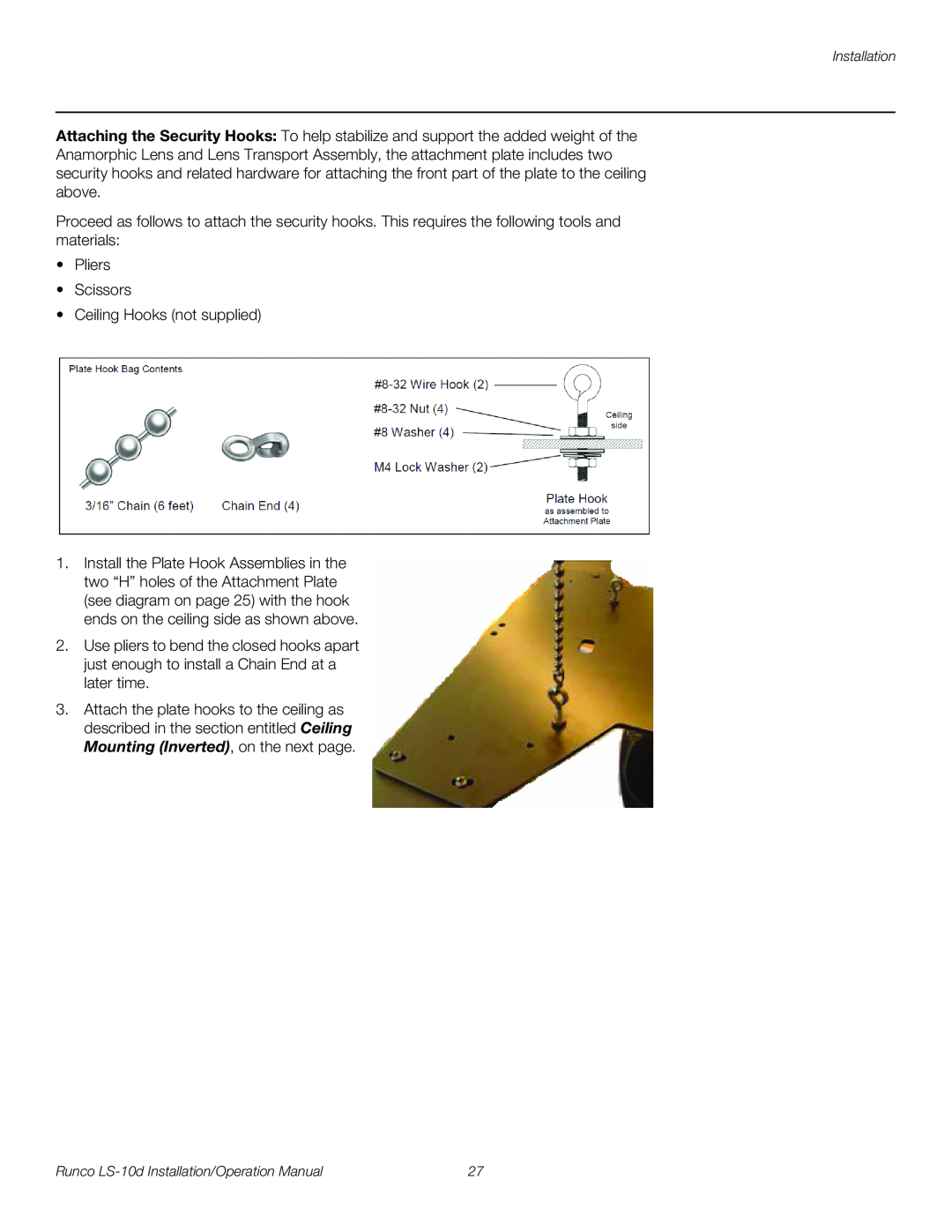 Runco LS-10D operation manual Pliers Scissors Ceiling Hooks not supplied 