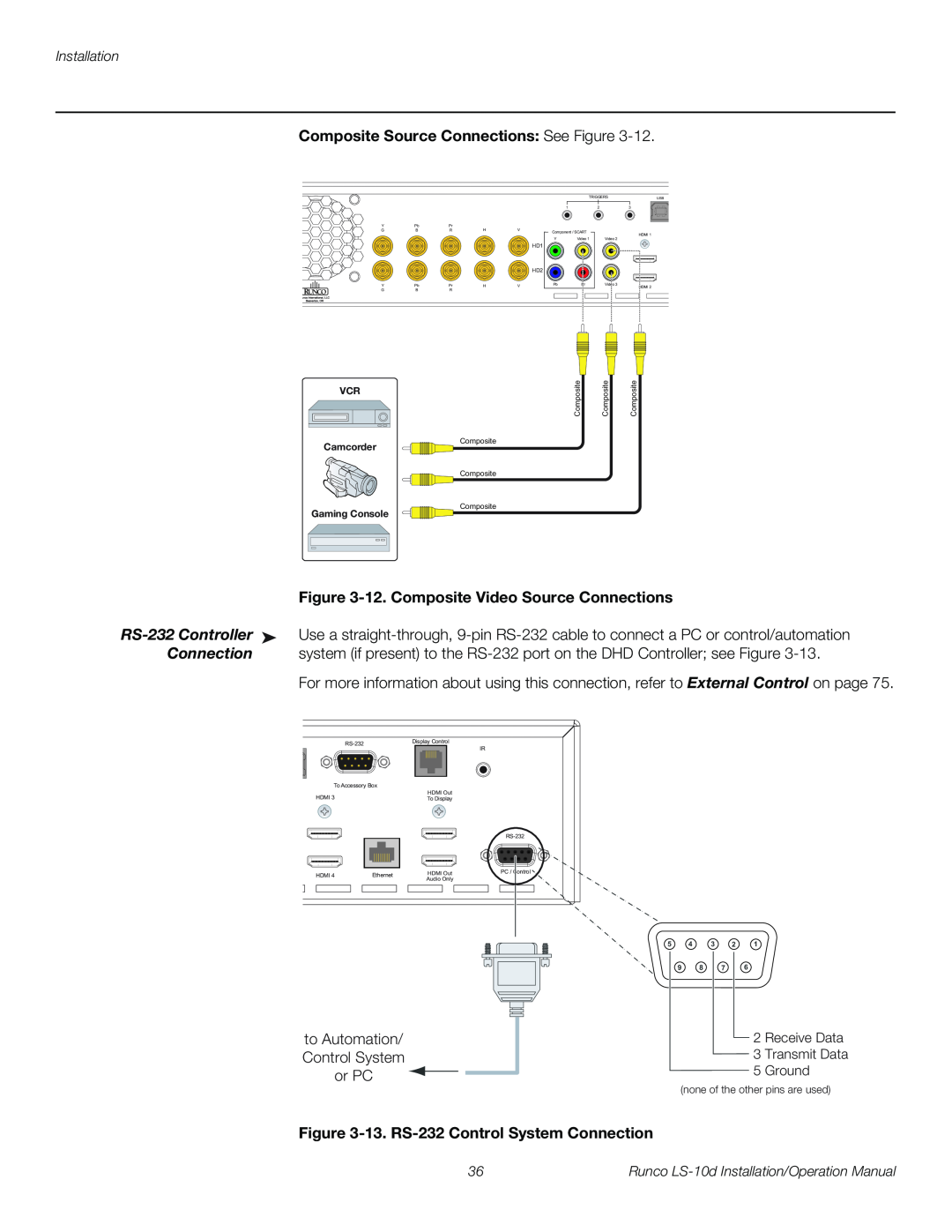 Runco LS-10D Composite Source Connections See Figure, 12. Composite Video Source Connections, RS-232 Controller 