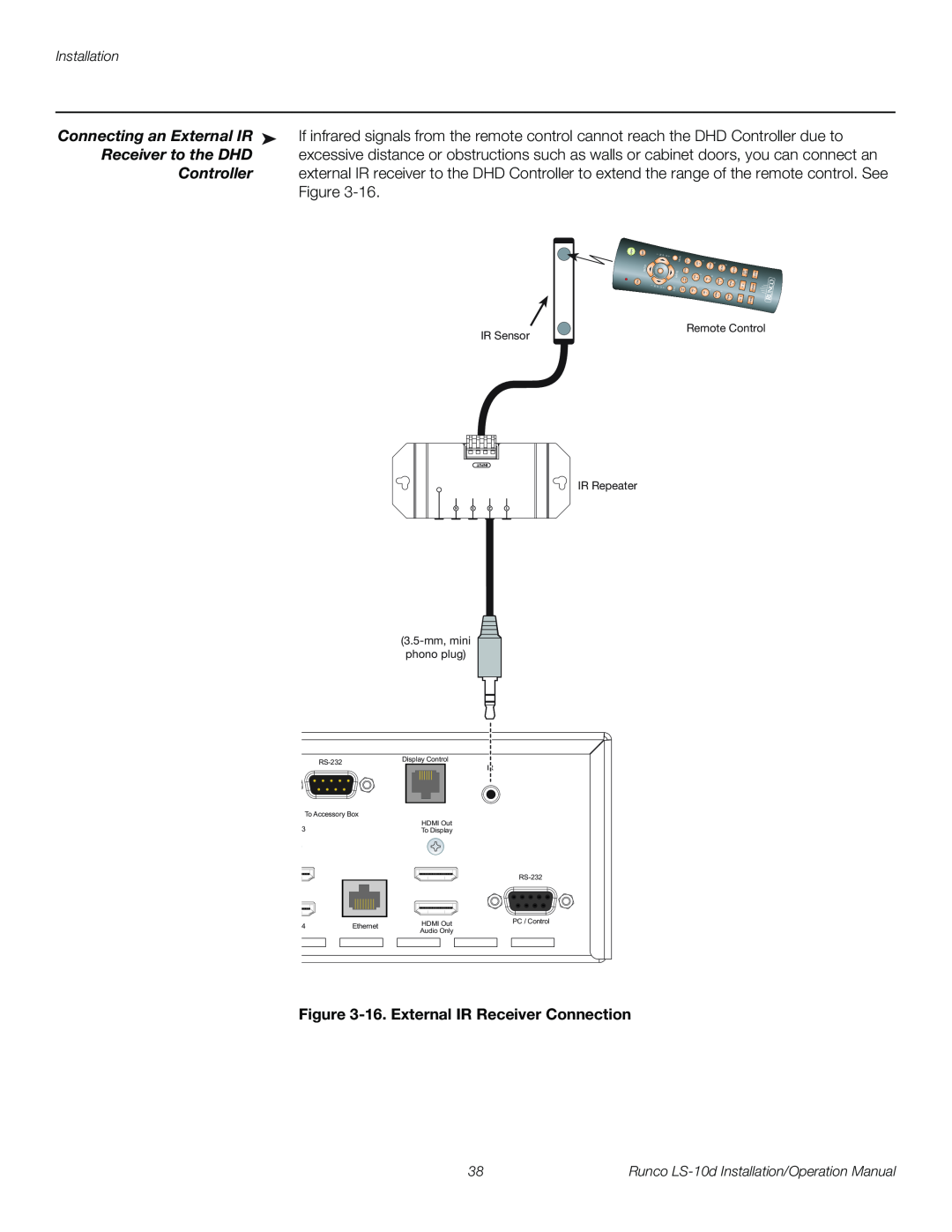 Runco LS-10D Connecting an External IR, Receiver to the DHD, 16. External IR Receiver Connection, Controller, IR Sensor 