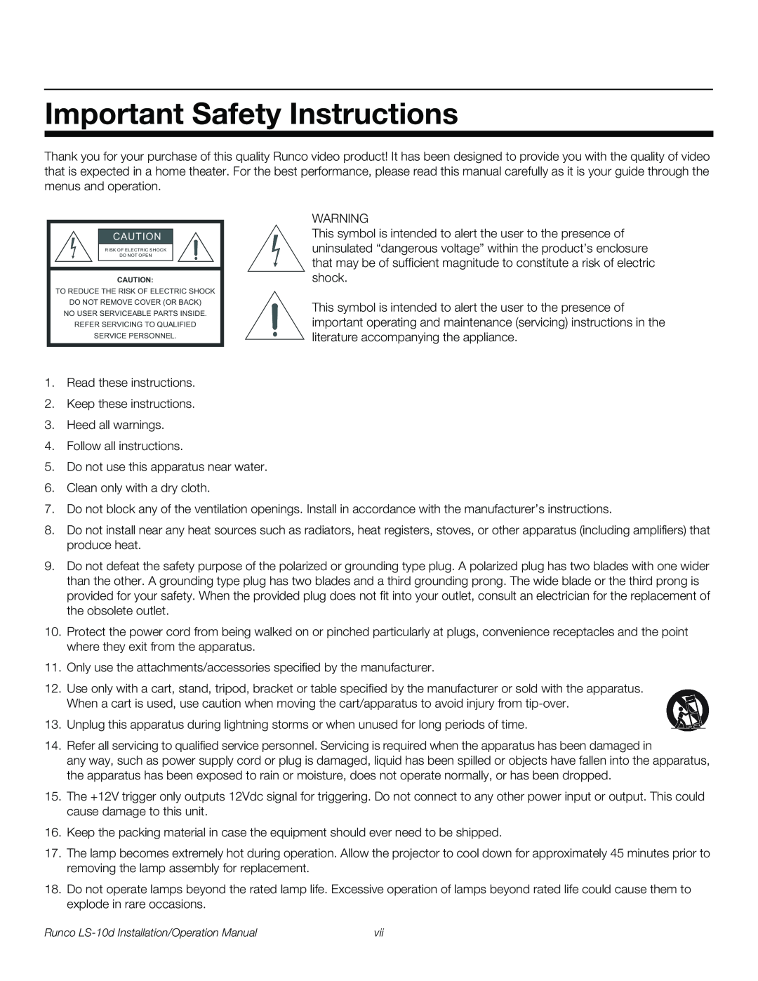Runco LS-10D operation manual Important Safety Instructions 
