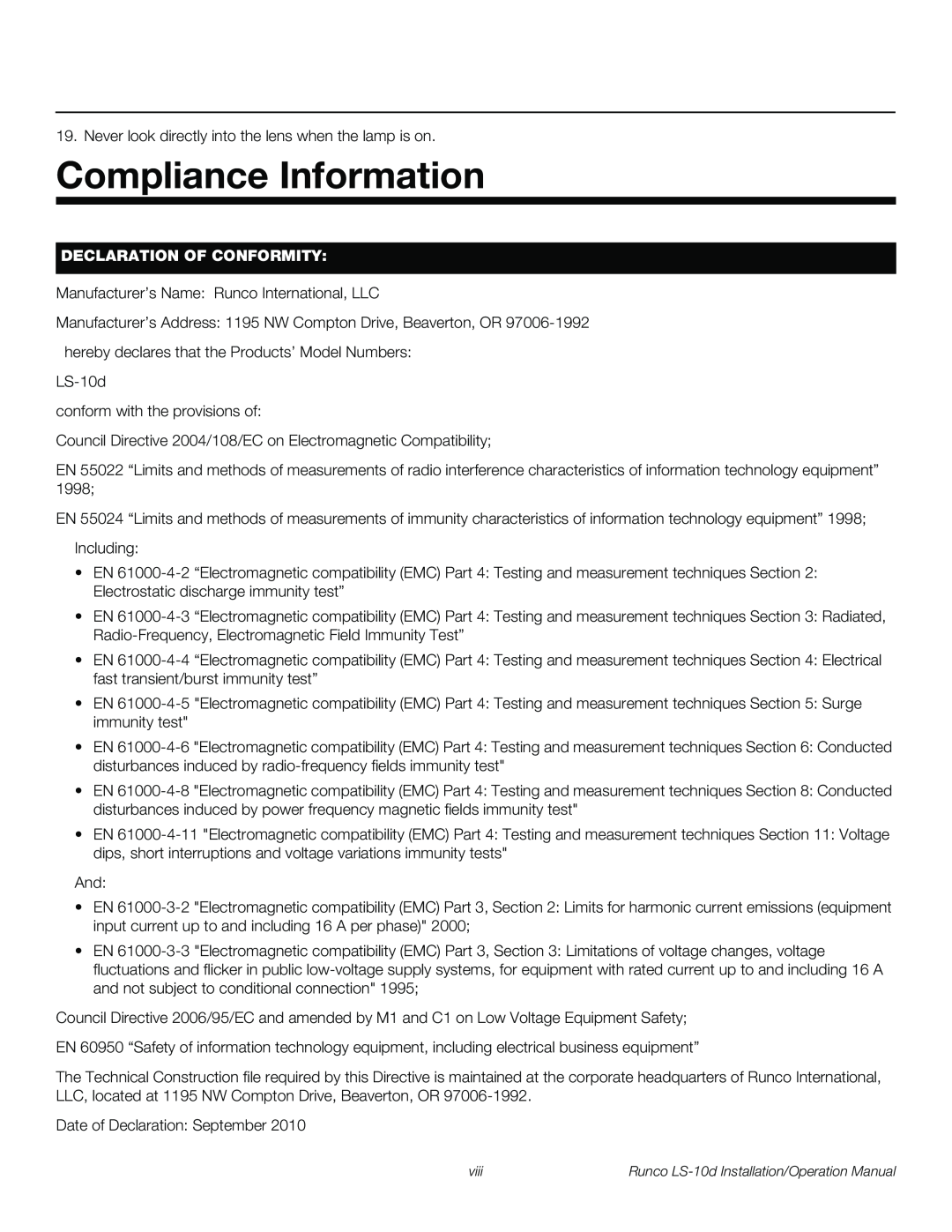 Runco LS-10D operation manual Compliance Information, Declaration Of Conformity 