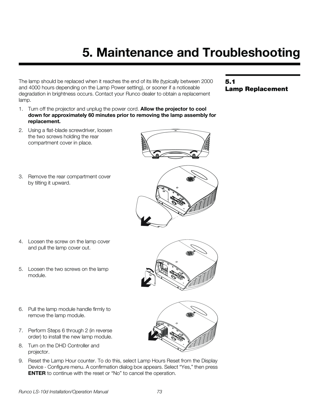Runco LS-10D operation manual Maintenance and Troubleshooting, Lamp Replacement 
