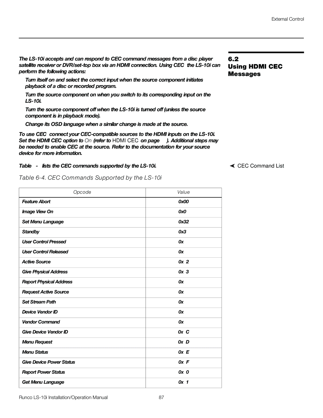 Runco LS-10I operation manual Using Hdmi CEC Messages, CEC Commands Supported by the LS-10i, CEC Command List, Opcode Value 