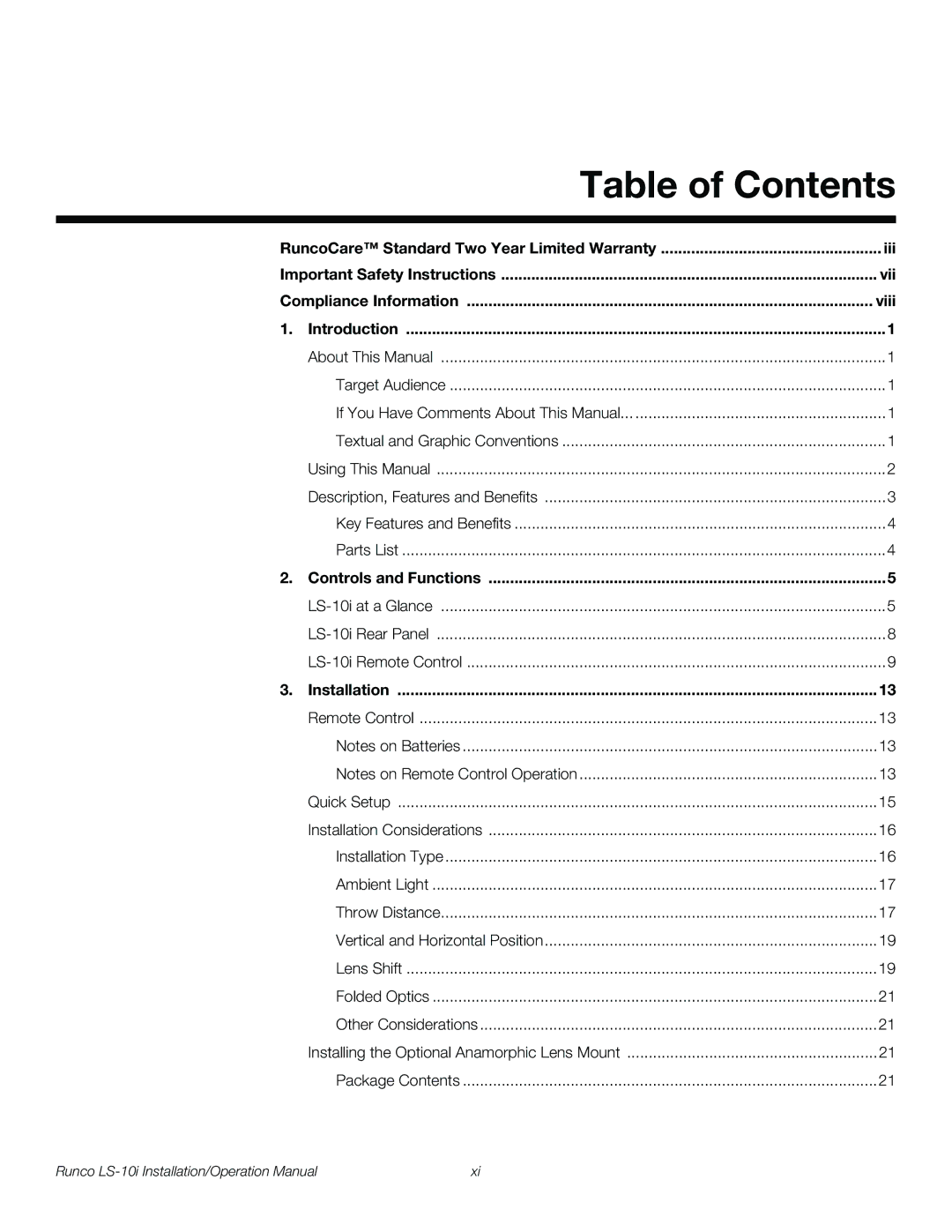 Runco LS-10I operation manual Table of Contents 