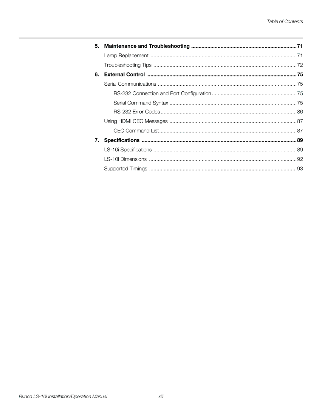 Runco LS-10I operation manual Maintenance and Troubleshooting, External Control, Specifications 