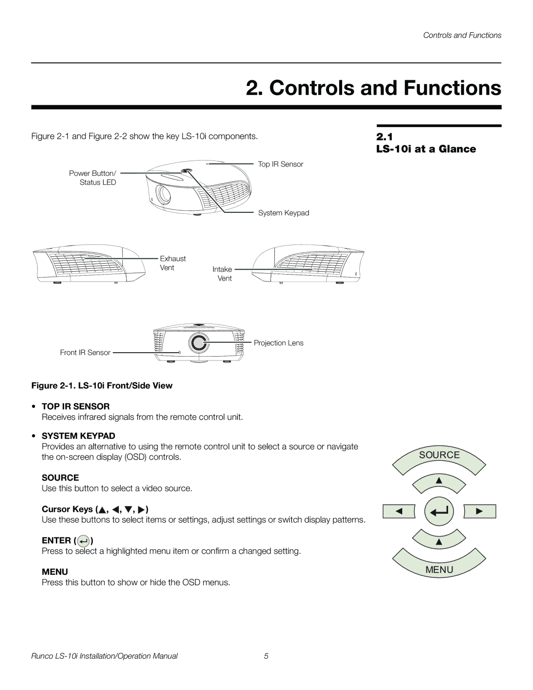 Runco LS-10I Controls and Functions, LS-10i at a Glance, Cursor Keys, Press this button to show or hide the OSD menus 