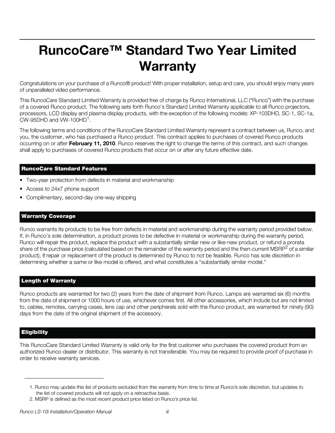 Runco LS-10I operation manual RuncoCare Standard Two Year Limited Warranty, RuncoCare Standard Features 