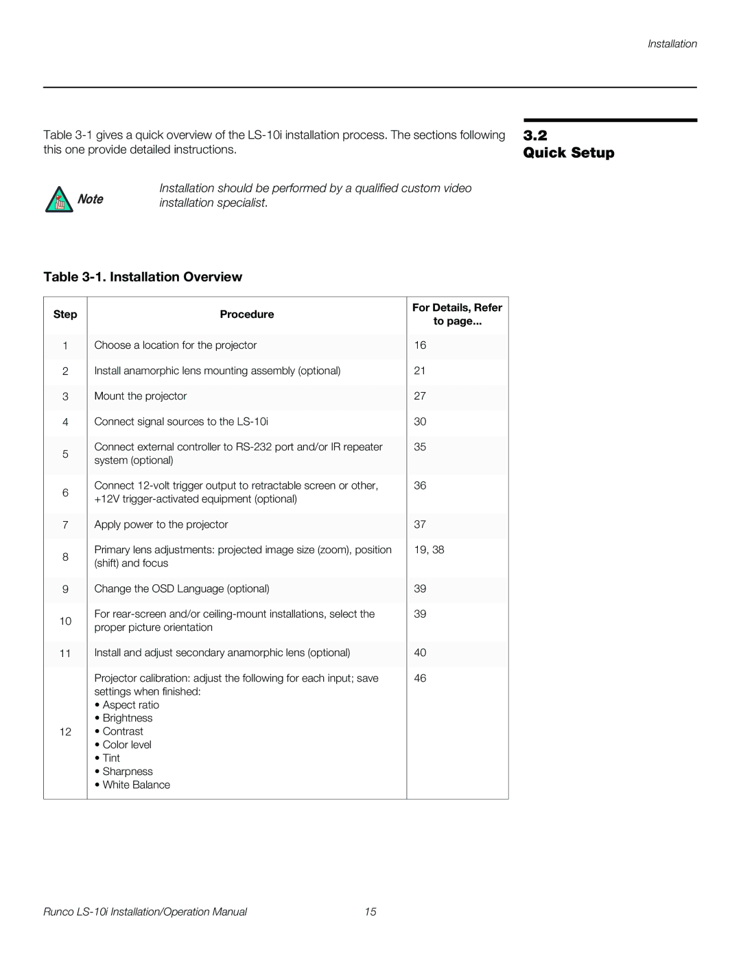 Runco LS-10I operation manual Quick Setup, Installation Overview, Step Procedure, For Details, Refer 