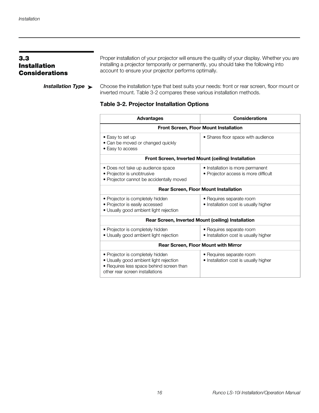 Runco LS-10I operation manual Considerations, Projector Installation Options, Installation Type 