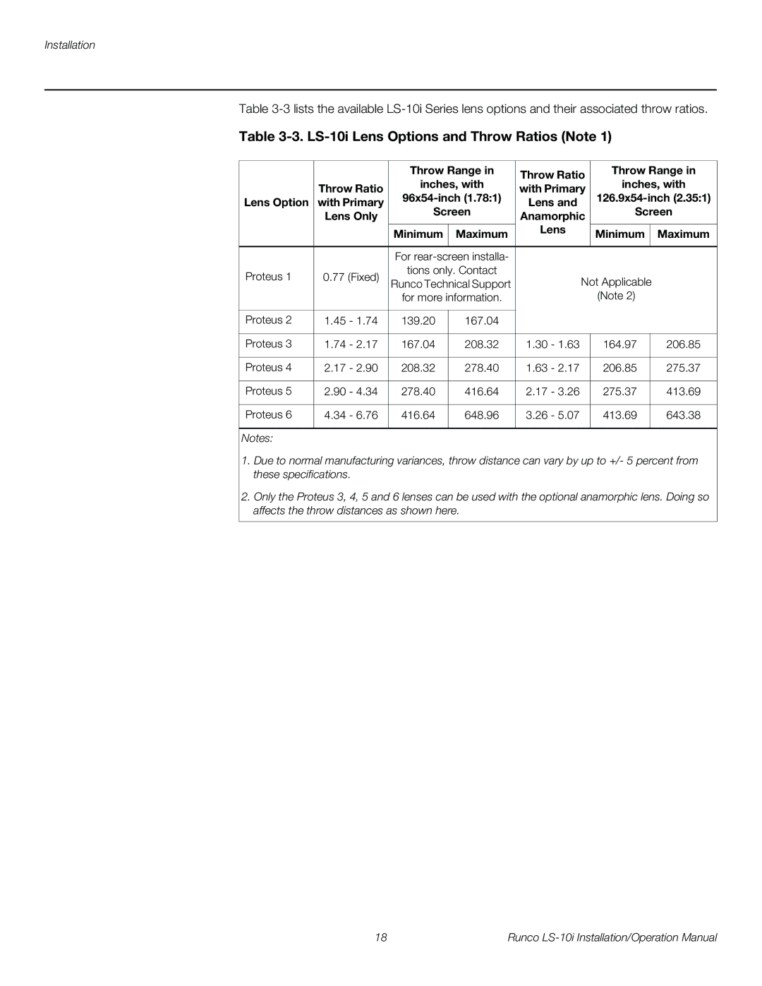 Runco LS-10I operation manual LS-10i Lens Options and Throw Ratios Note, Throw Range Throw Ratio Inches, with 