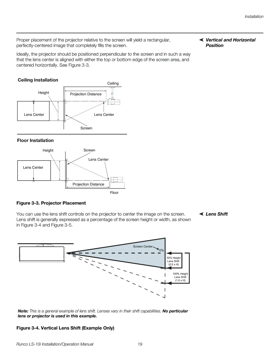 Runco LS-10I operation manual Vertical and Horizontal, Position, Ceiling Installation, Floor Installation, Lens Shift 