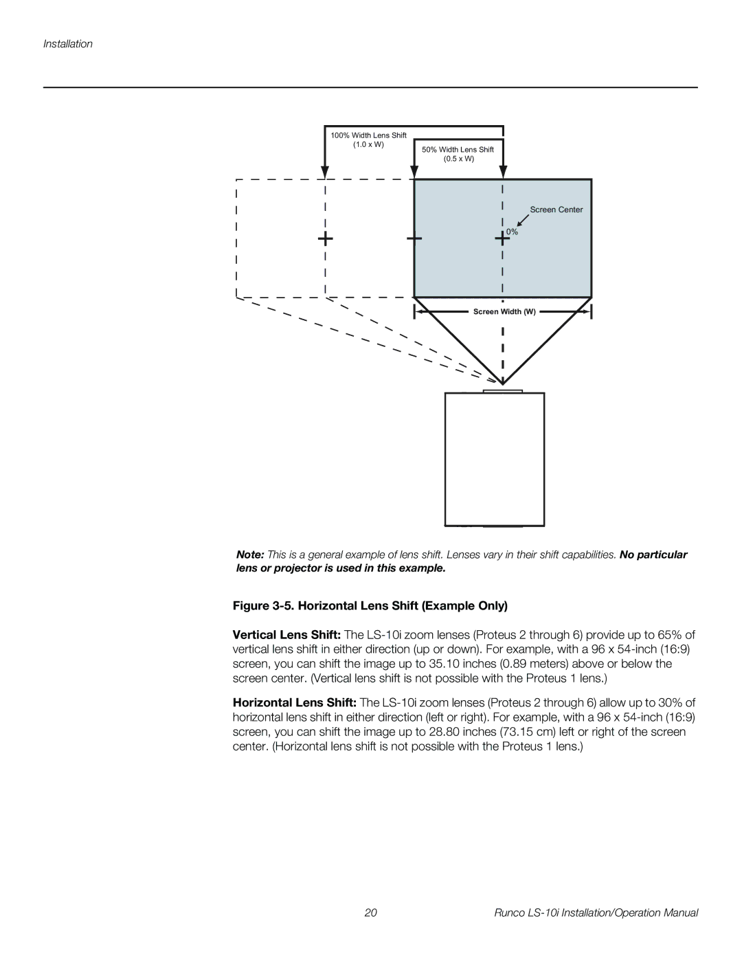 Runco LS-10I operation manual Horizontal Lens Shift Example Only 