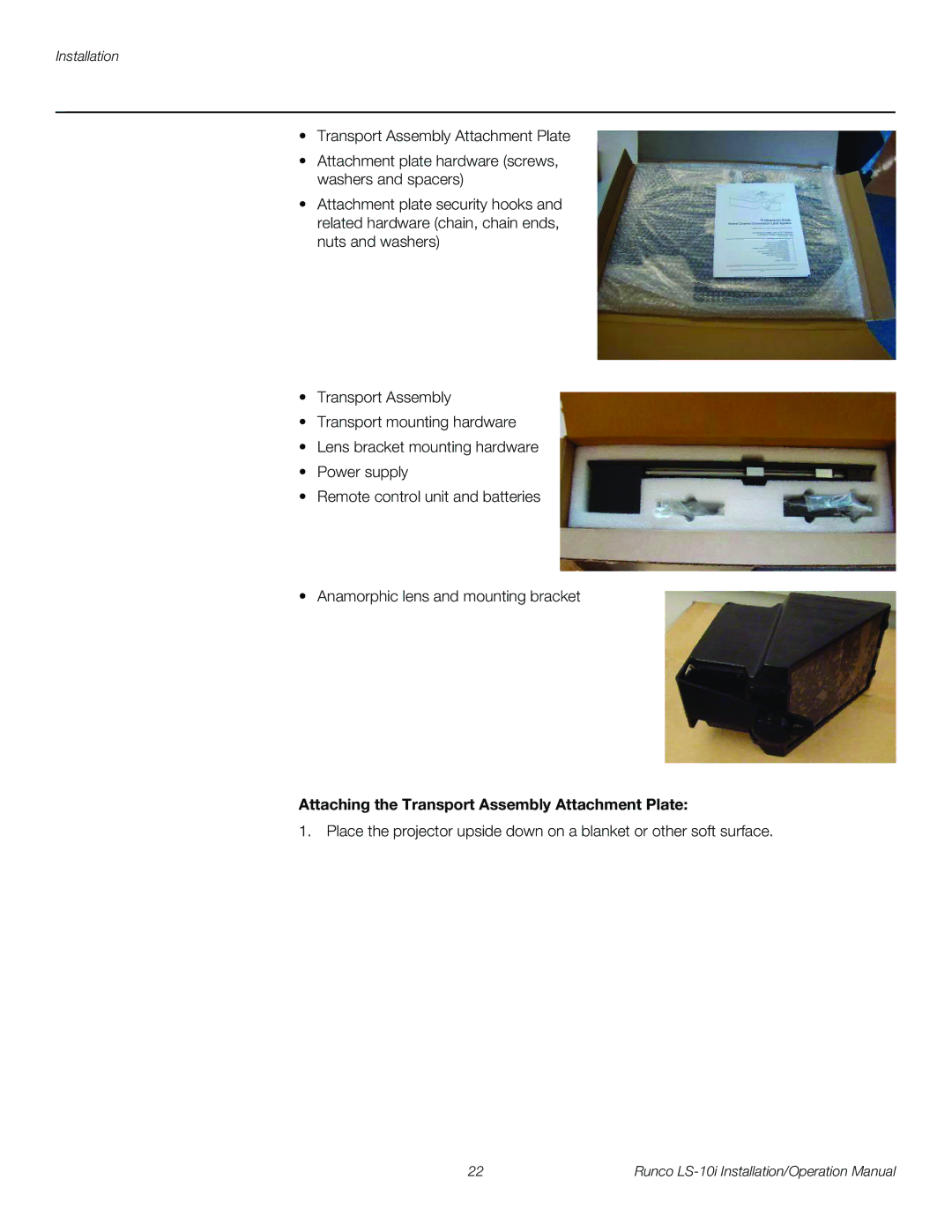 Runco LS-10I operation manual Attaching the Transport Assembly Attachment Plate 