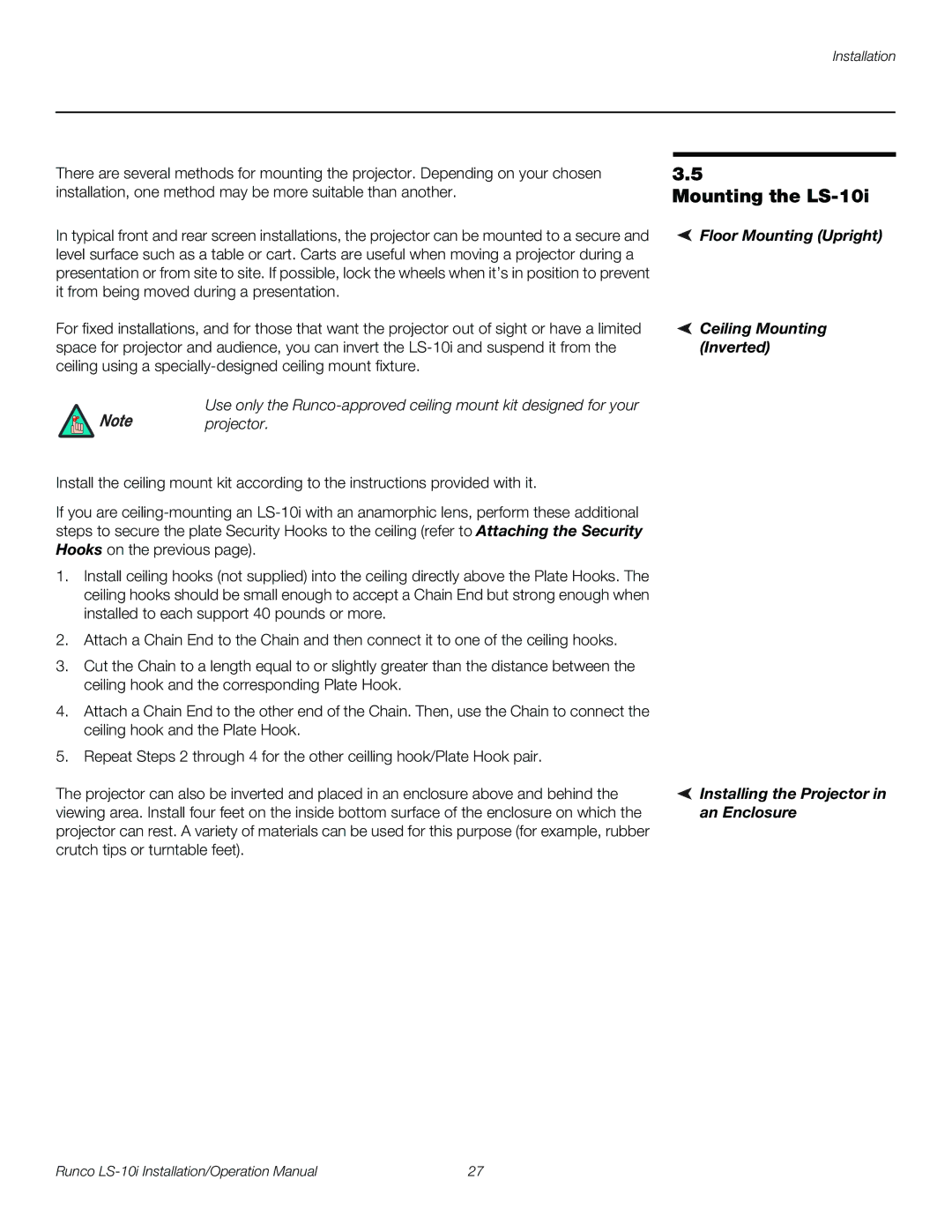 Runco LS-10I operation manual Mounting the LS-10i 