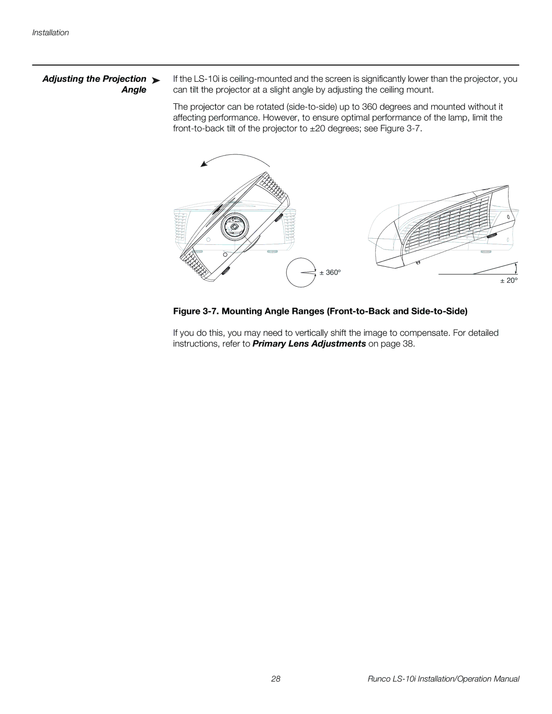 Runco LS-10I operation manual Adjusting the Projection, Angle 