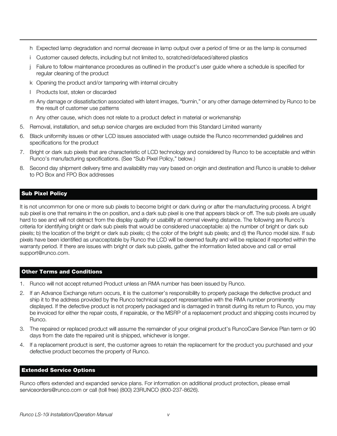 Runco LS-10I operation manual Extended Service Options 