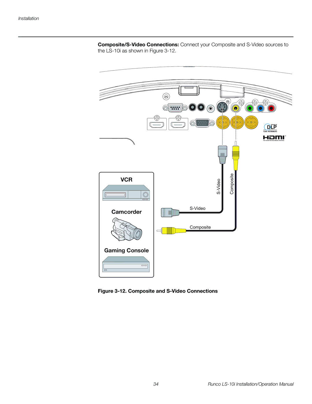 Runco LS-10I operation manual Camcorder Gaming Console, Composite and S-Video Connections 