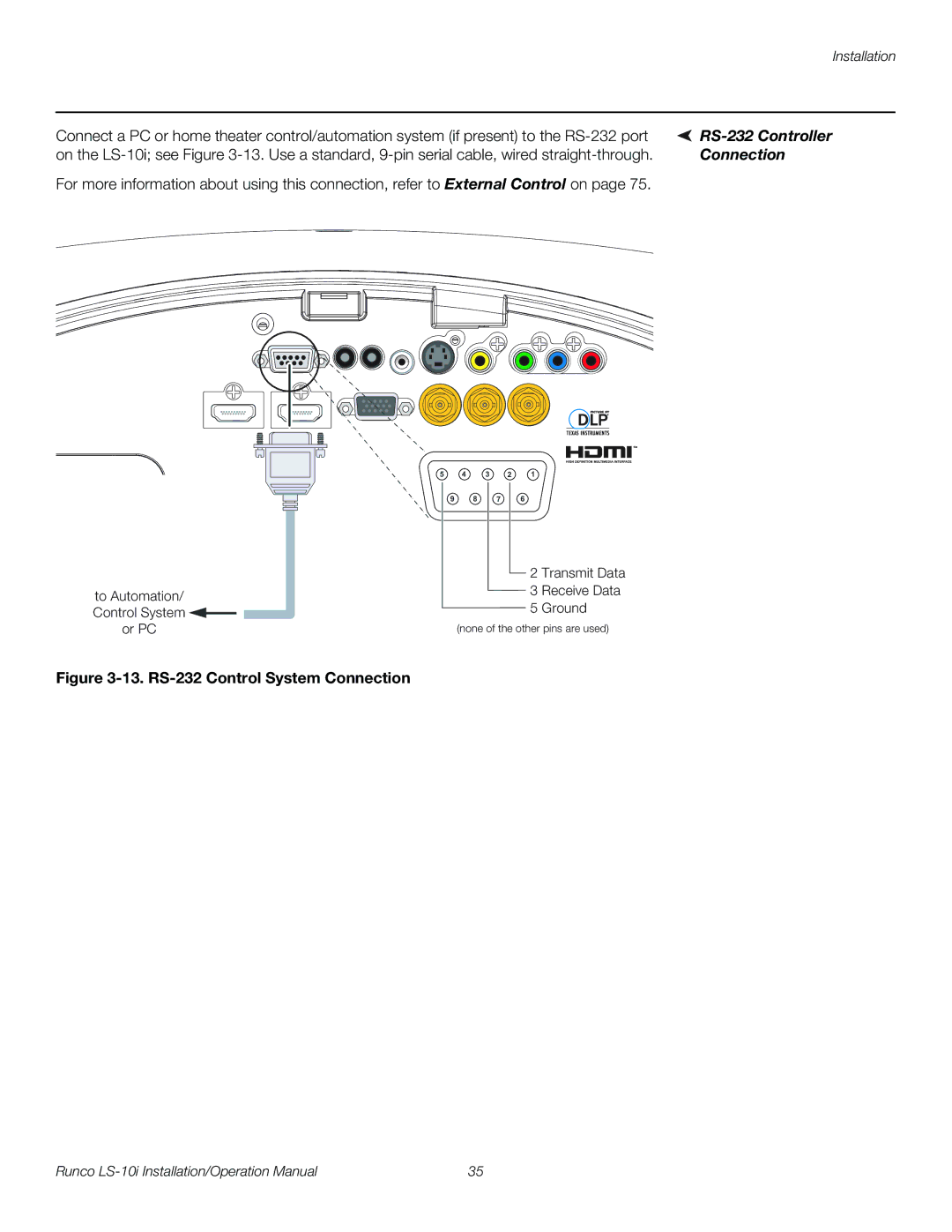 Runco LS-10I operation manual RS-232 Controller, Connection 