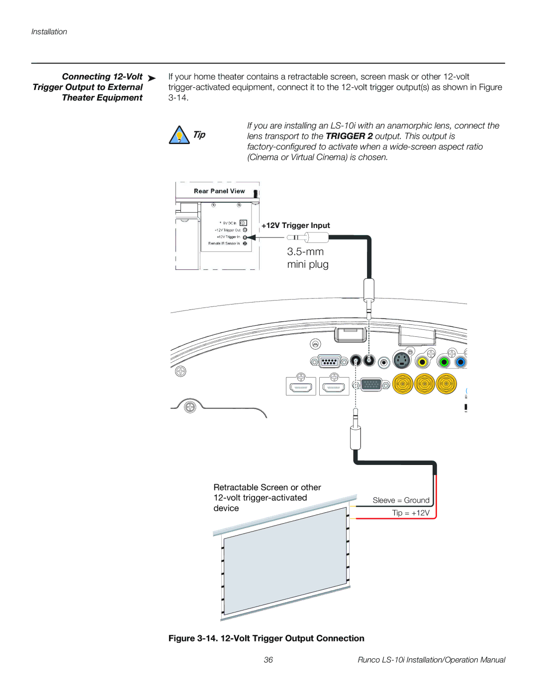 Runco LS-10I operation manual Connecting 12-Volt, Trigger Output to External, Theater Equipment, +12V Trigger Input 