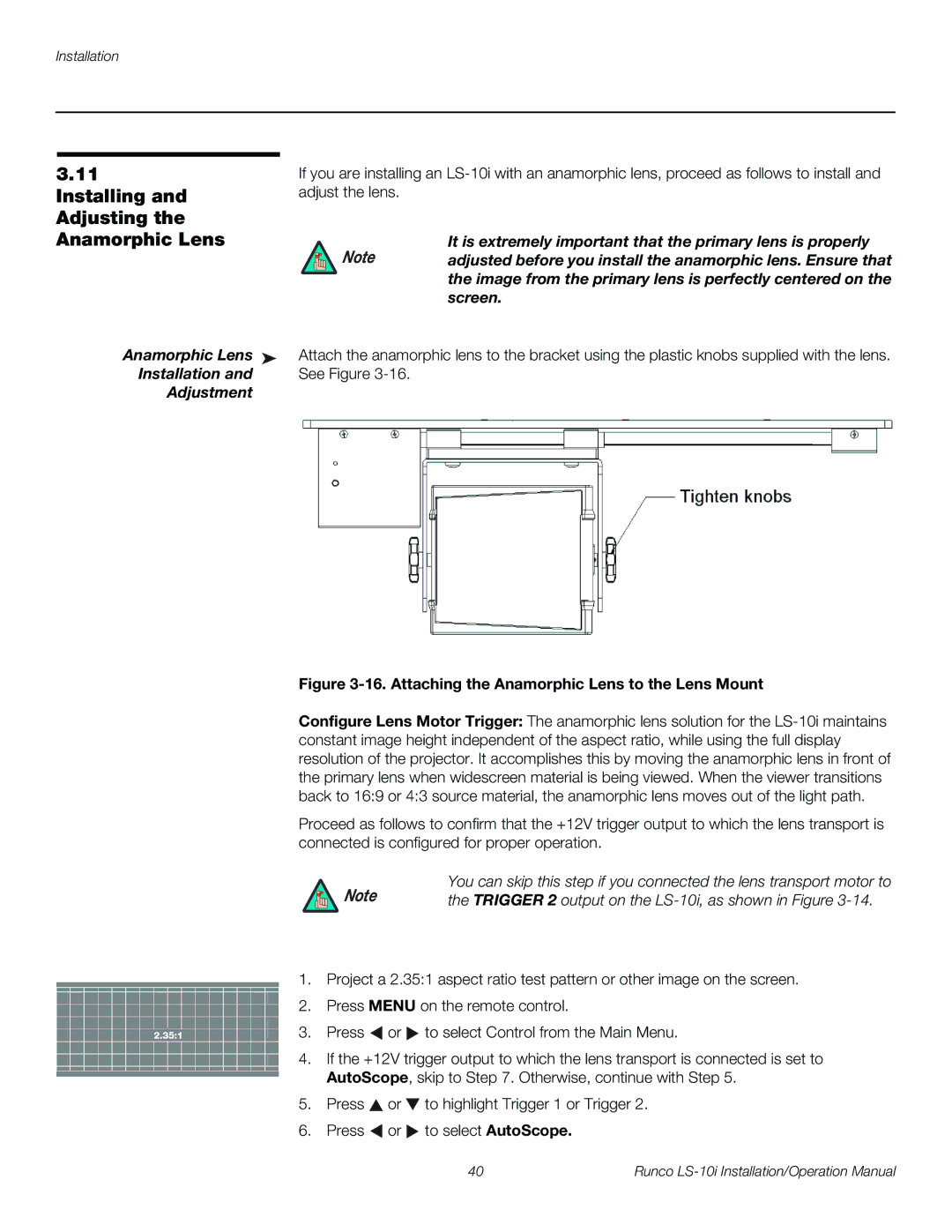 Runco LS-10I operation manual Installing and Adjusting the Anamorphic Lens, Installation See Figure Adjustment 