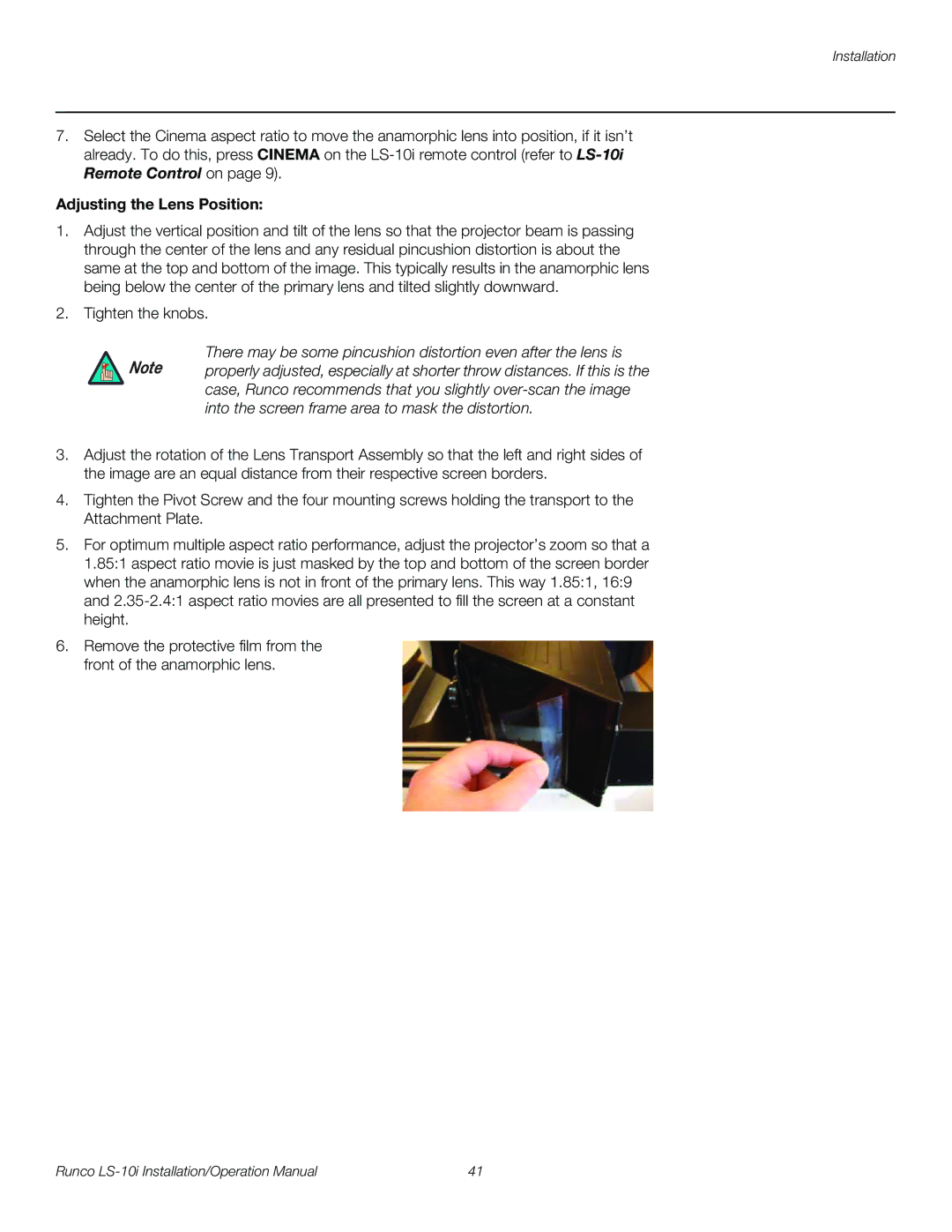 Runco LS-10I operation manual Adjusting the Lens Position 