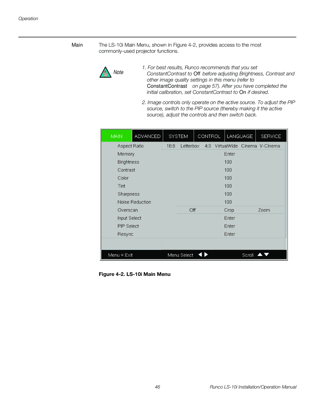 Runco LS-10I operation manual LS-10i Main Menu 