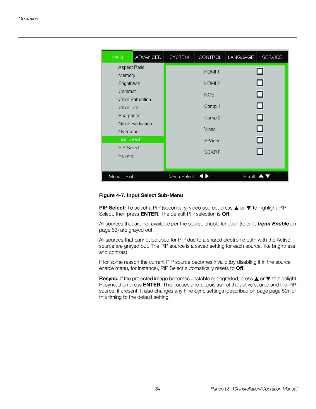 Runco LS-10I operation manual Input Select Sub-Menu 